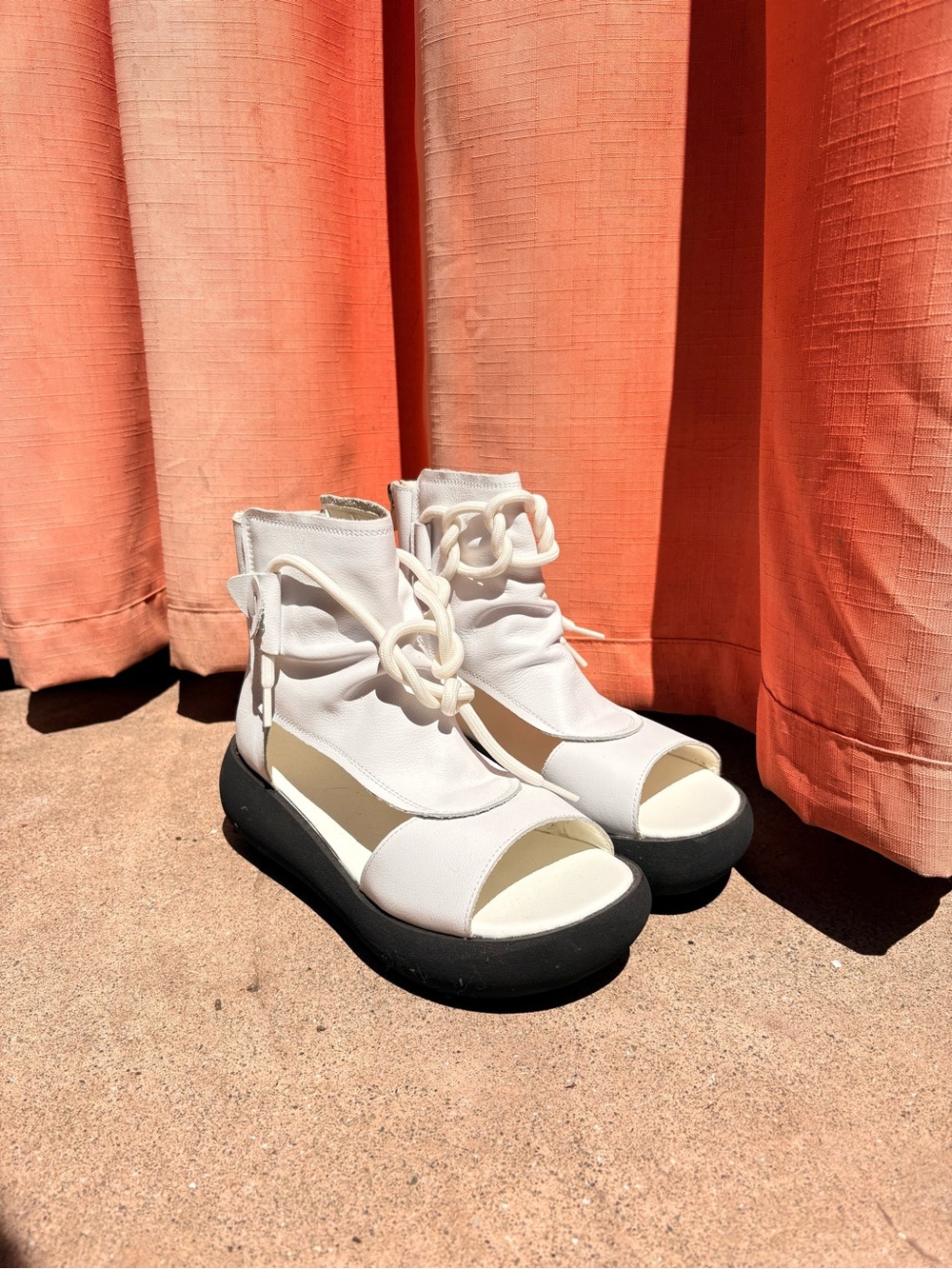 Women’s White Open-Toe Heeled Boots with Black Platform